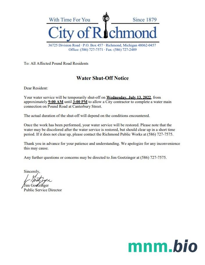USA Michigan City Of Richmond woda rachunek za media powiadomienie o wyłączeniu, szablon Word i PDF